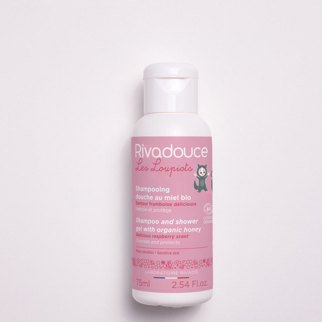Rivadouce Loupiots Shampoo and Shower Gel with Organic Honey Delicious Raspberry Scent (Shampooing Douche Loupiots Miel Framboise) 75ml